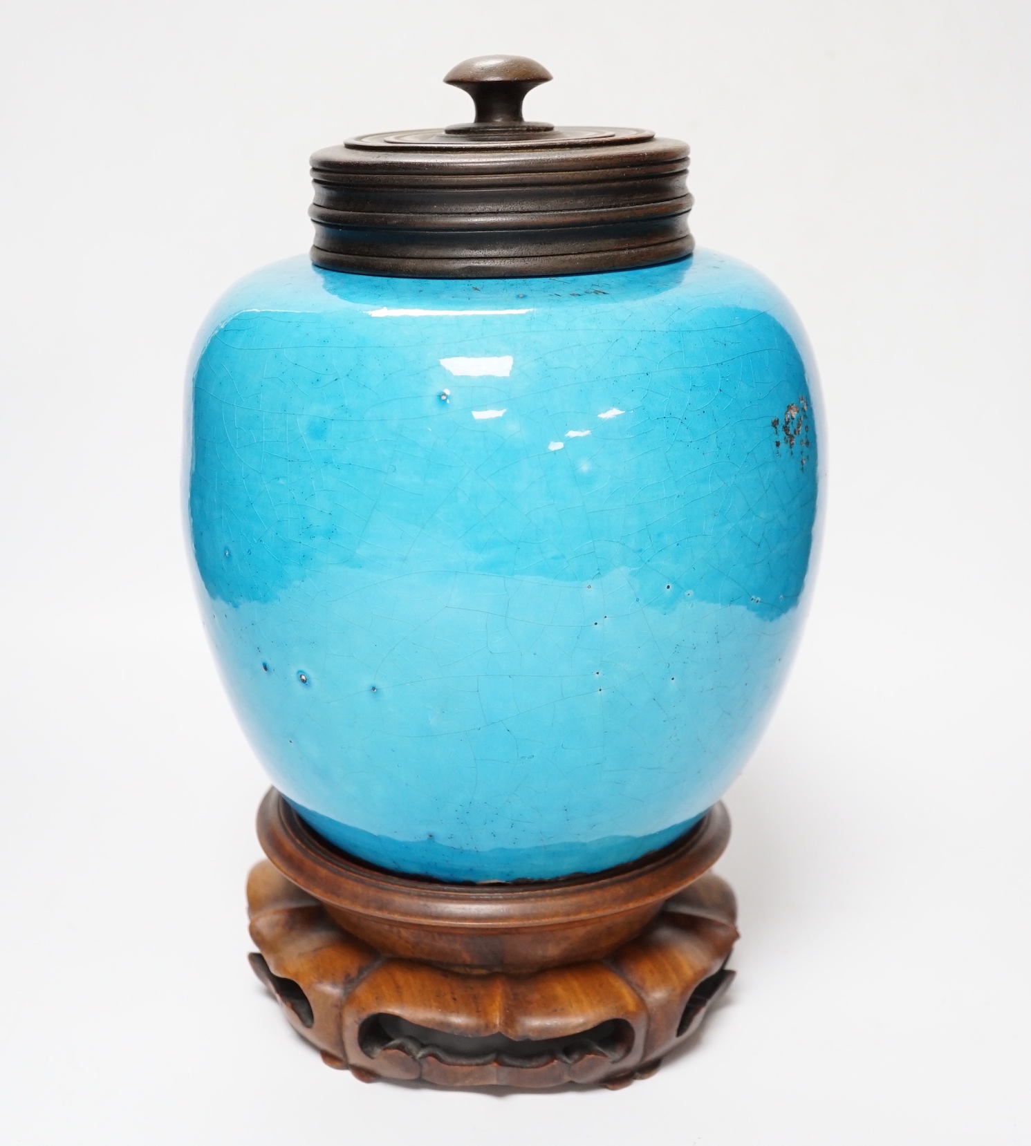 Robert Lallemant (1902-1954), a French turquoise glazed vase with Chinese hardwood stand and cover, 30cm total height